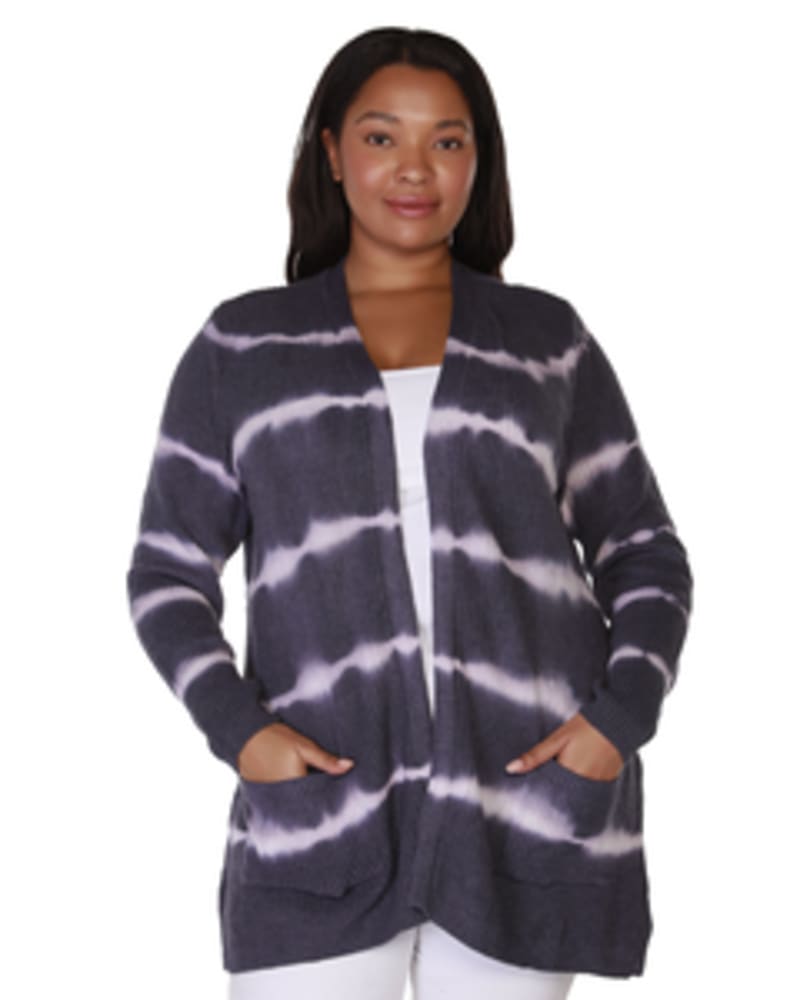 Front of a model wearing a size 1X Vanessa Tie-Dyed Cardigan in Navy/White by Belldini Black Label. | dia_product_style_image_id:245969